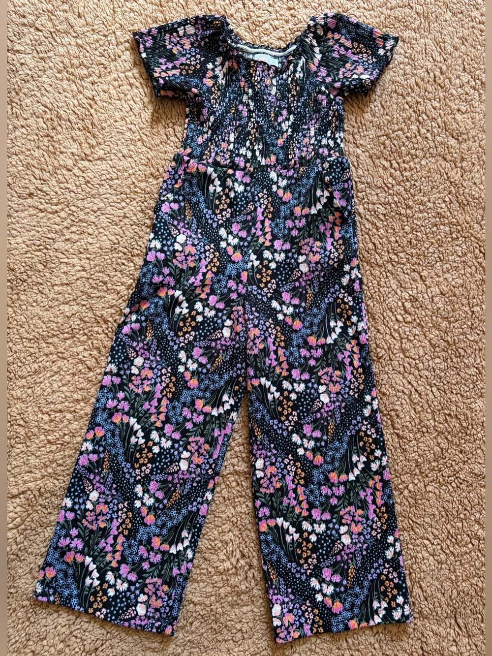 Girls Ribbed Floral Jumpsuit - Short Sleeve & Flare Pants One Piece Outfit, 6/6X